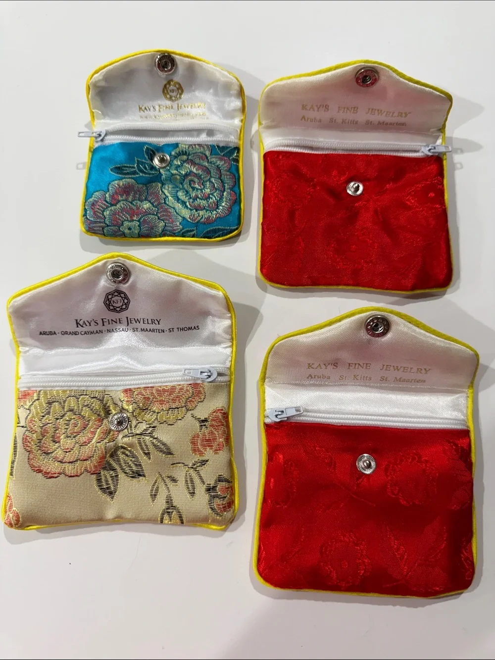 Jewelry pouches-Floral Satin Snap Cosmetic Pouches - Red, Blue & Cream
